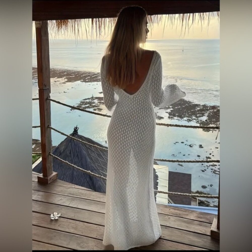 Crochet knit Fishtail Flare Sleeve Maxi Dress swimsuit cover up dress - Picture 7 of 8